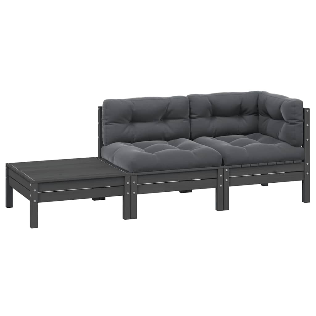 Vidaxl Juego Muebles De Jardín 3 Pzas Cojines Gris Madera Pino Maciza_0