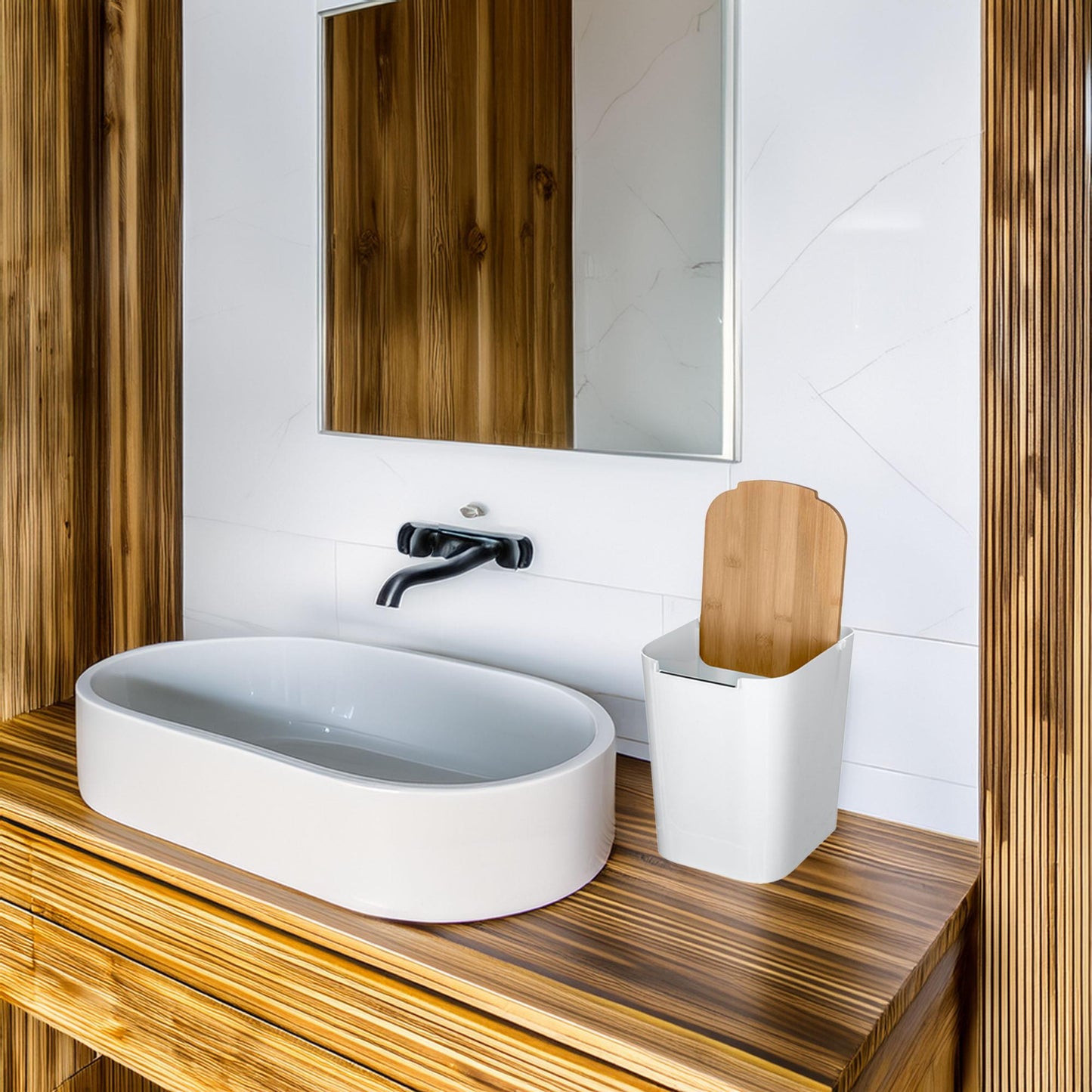 Papelera Baño Tapa Bambú Baltik 5l Blanco