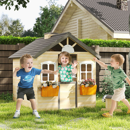 Outsunny Casa De Jardín Infantil De Madera Con Ventanas 113x94x134,5 Cm Natural_1