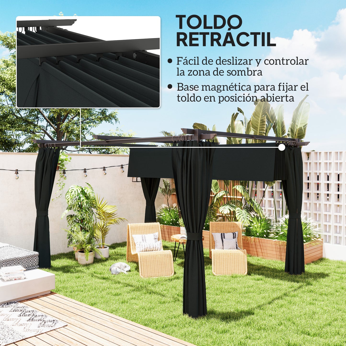 Outsunny Pérgola Con Techo Retráctil 4x3 M Paredes Laterales Anti-uv Gris Oscuro_3