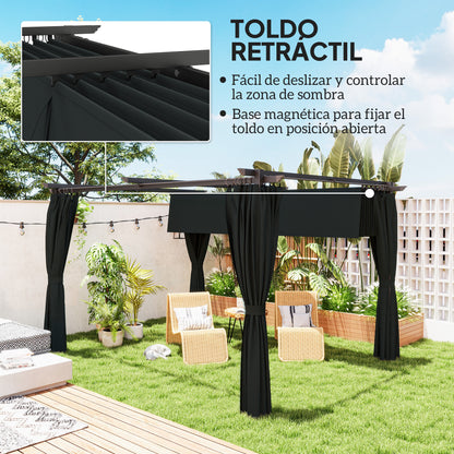 Outsunny Pérgola Con Techo Retráctil 4x3 M Paredes Laterales Anti-uv Gris Oscuro_3
