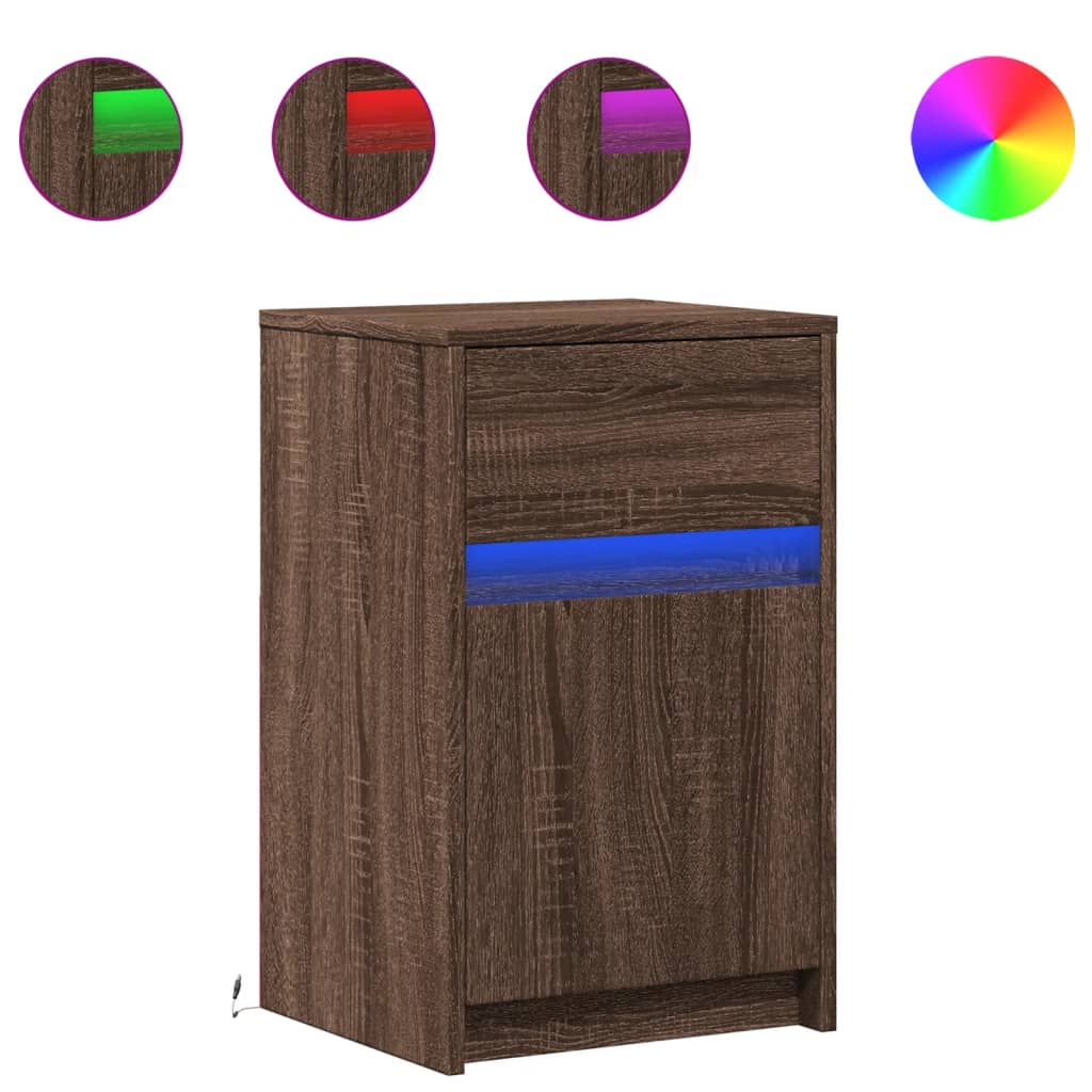 Mesitas De Noche Luces Led 2 Uds Madera Ingeniería Roble Marrón_0