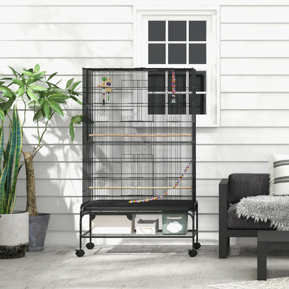 Pawhut Jaula Para Pájaros Con Ruedas Estante Y Comederos 97x58x160 Cm Negro_4