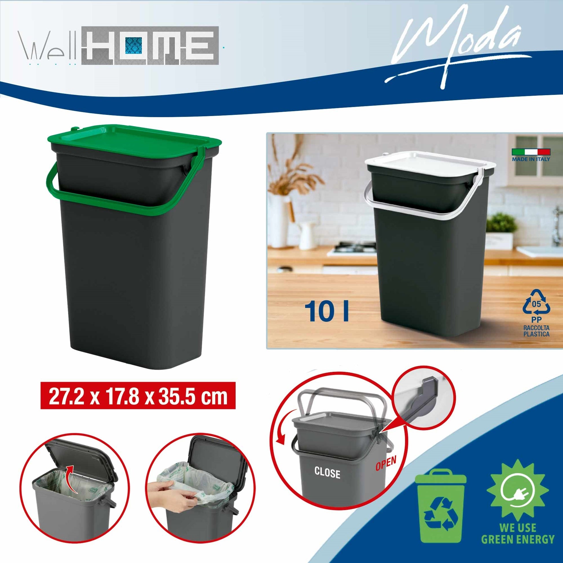 Set 4 Papeleras moda 10l Con Asa En Verde, Blanco, Ámbar Y Azul