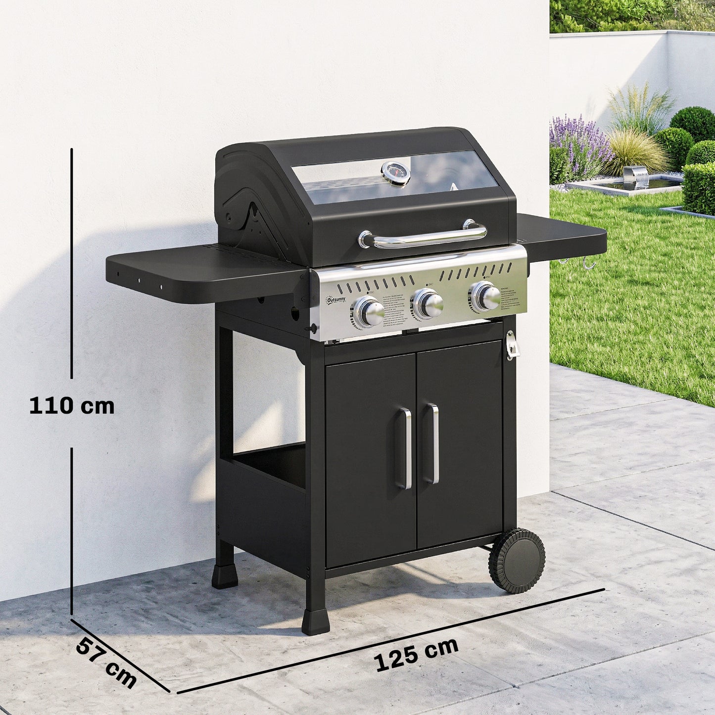 Outsunny Barbacoa De Gas Con 3 Quemadores 7,5 Kw Termómetro Mesas Laterales_2