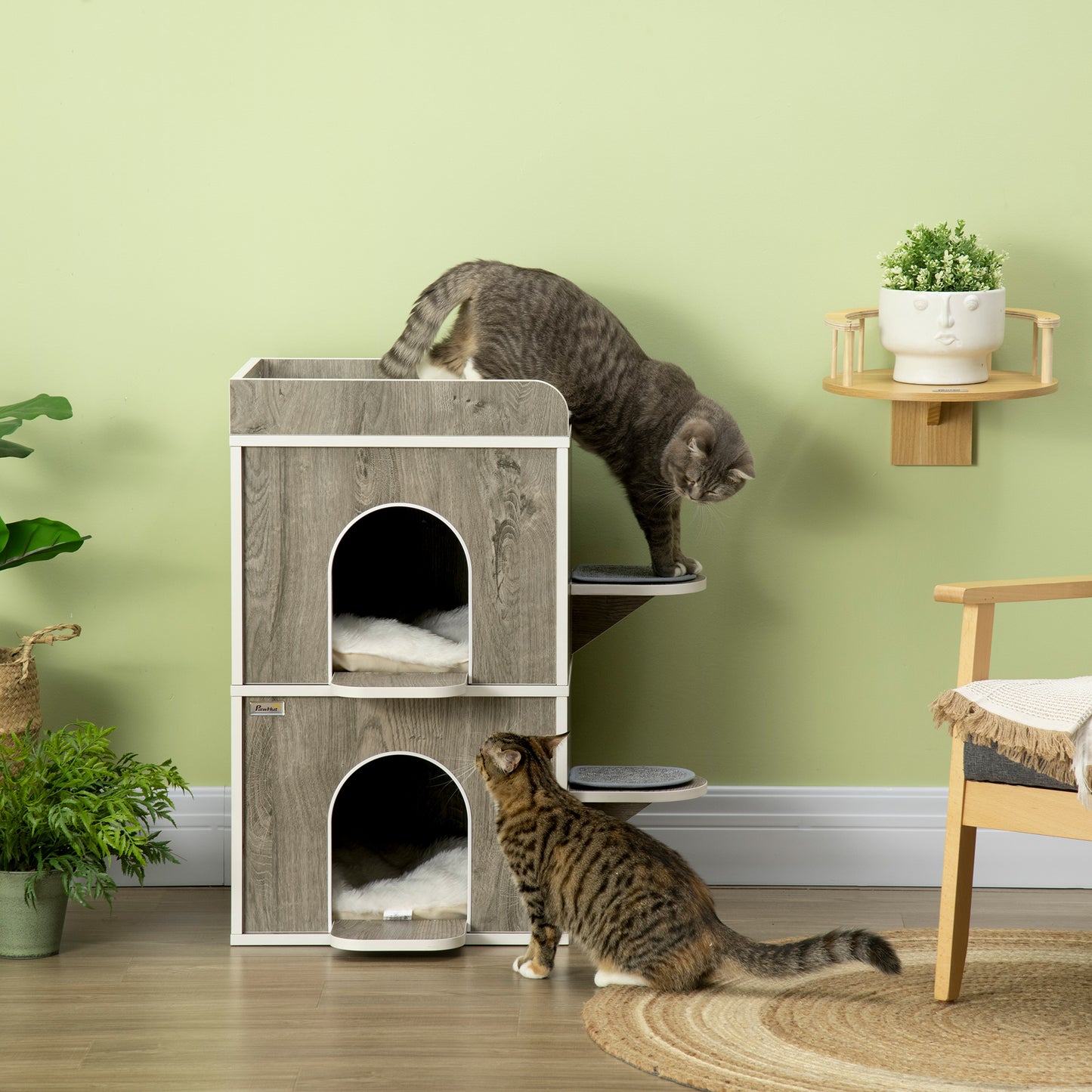 Pawhut Caseta Para Gatos De Madera Con 3 Cojines 2 Orificios 68x53x80,5 Cm Gris_1
