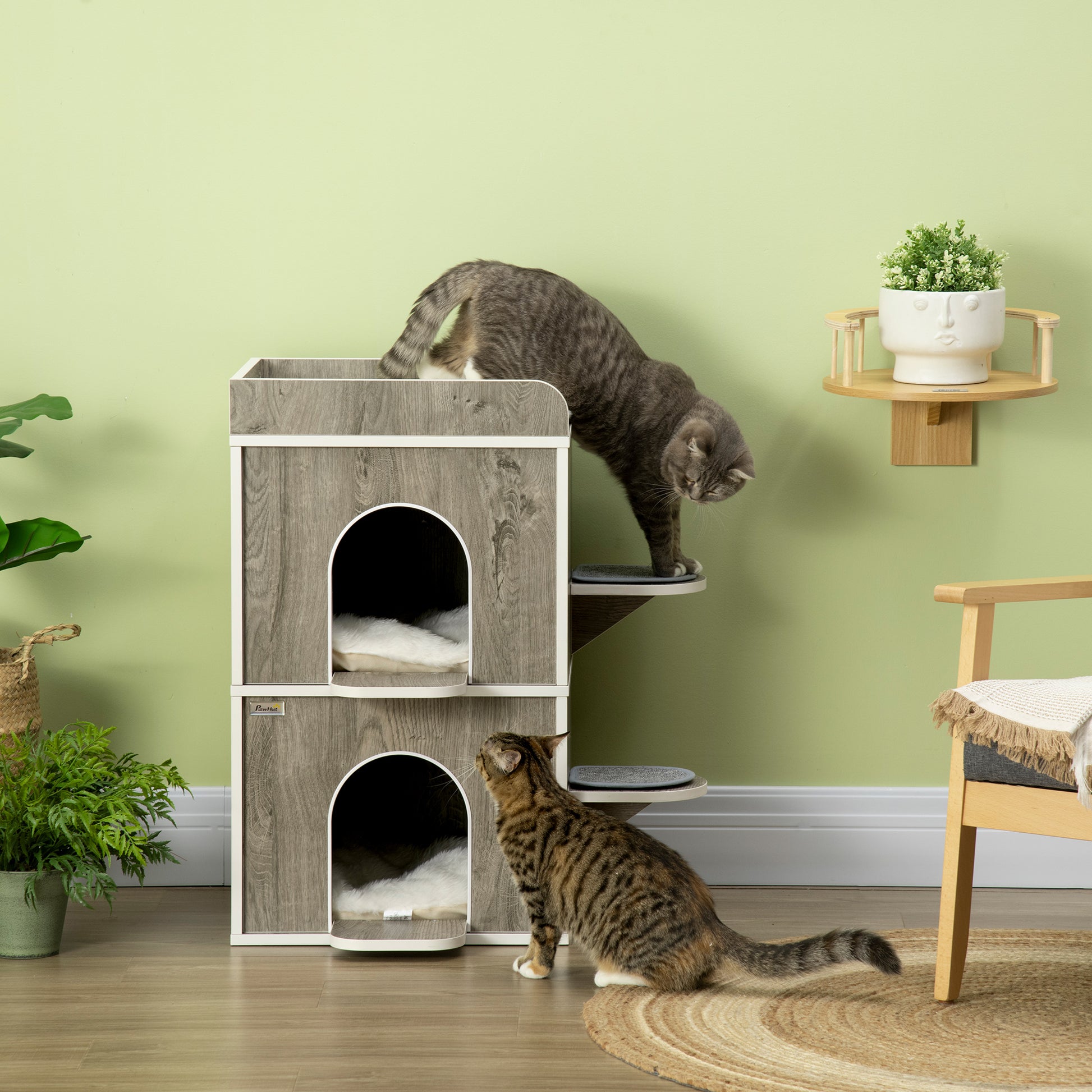 Pawhut Caseta Para Gatos De Madera Con 3 Cojines 2 Orificios 68x53x80,5 Cm Gris_1