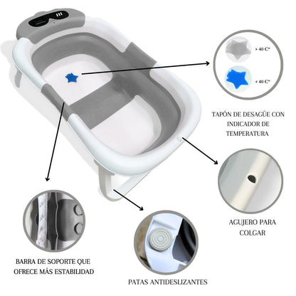Bathby Bañera Plegable Para Bebés Recién Nacidos, Cojín Dinosaurio, Termómetro, Patas Antideslizantes (gris Dinosaurio)