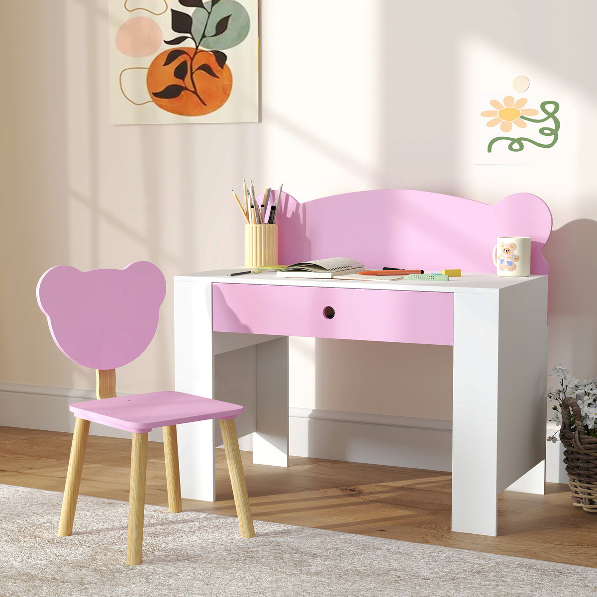 Secretária E Cadeira Para Crianças Aiyaplay Mdf E Madeira De Pinho Rosa 80x41x74,5 Cm_1