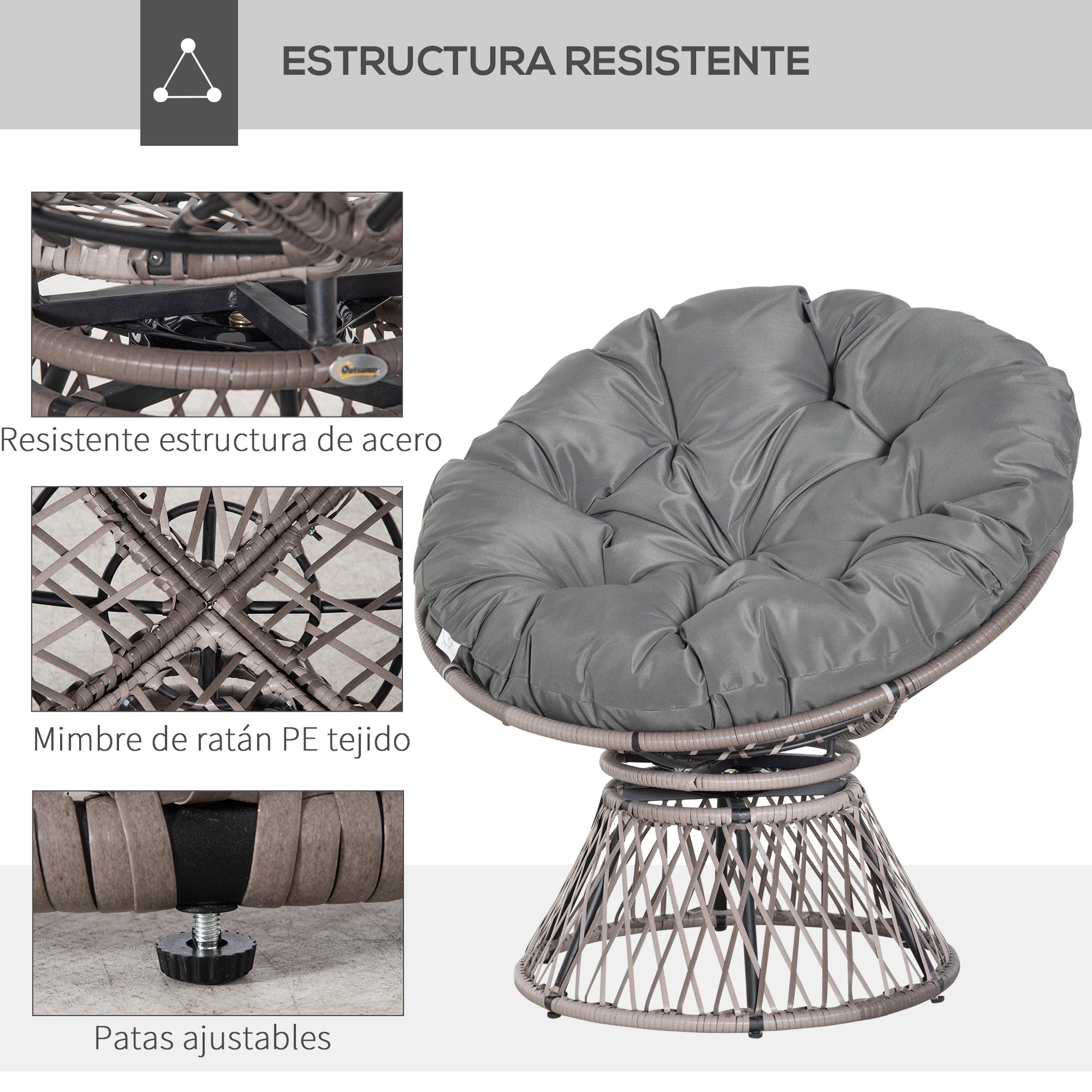 Outsunny Silla Giratoria 360° De Ratán Sintético Con Cojín 87x97x86 Cm Gris_5