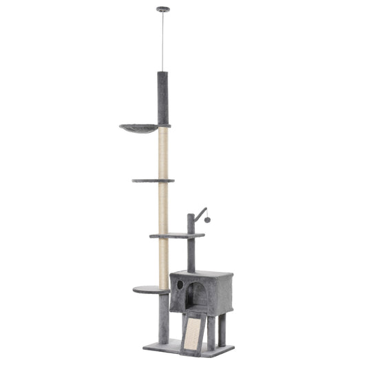 Pawhut Árbol Rascador Para Gatos Altura Ajustable 238-270 Cm Con Hamaca Cueva_0