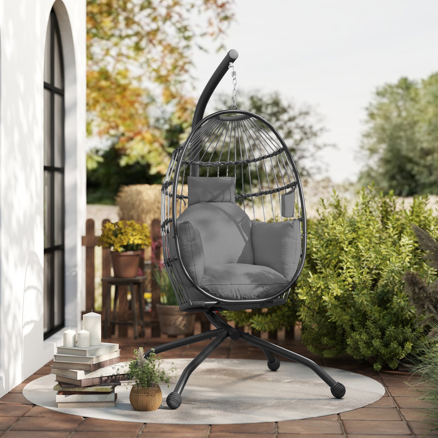 Outsunny Silla Colgante Huevo Con Soporte Cesta Plegable Cojín Carga 120kg Gris_4