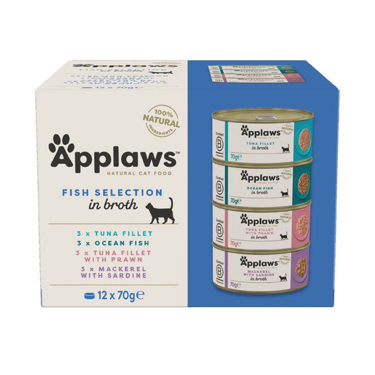 Applaws Cat Lata Selección de Pescado Multipack 12 x 70 g Comida húmeda en caldo para gatos