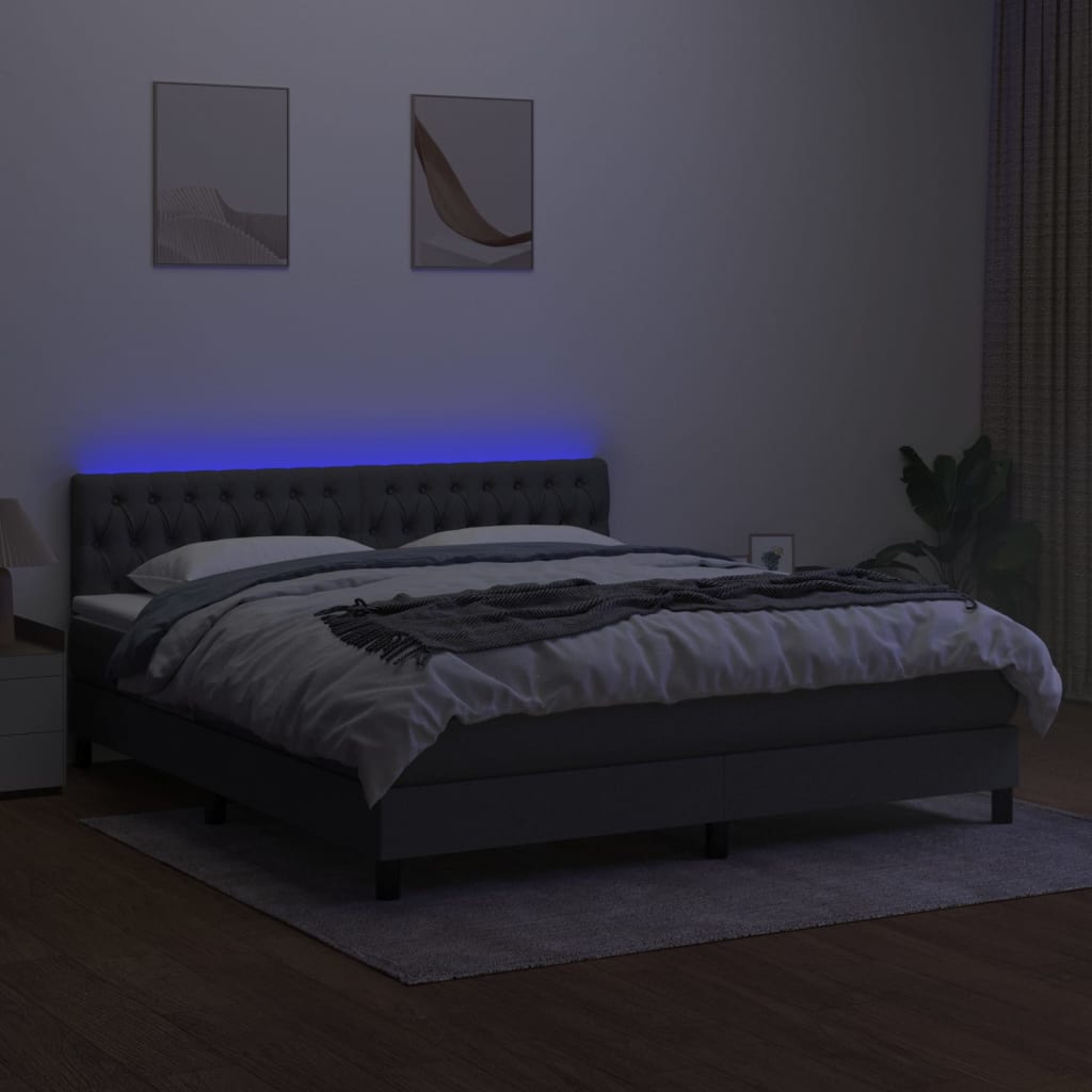 Cama Box Spring Colchón Y Luces Led Tela Gris Oscuro 160x200 Cm / Vetonek_1