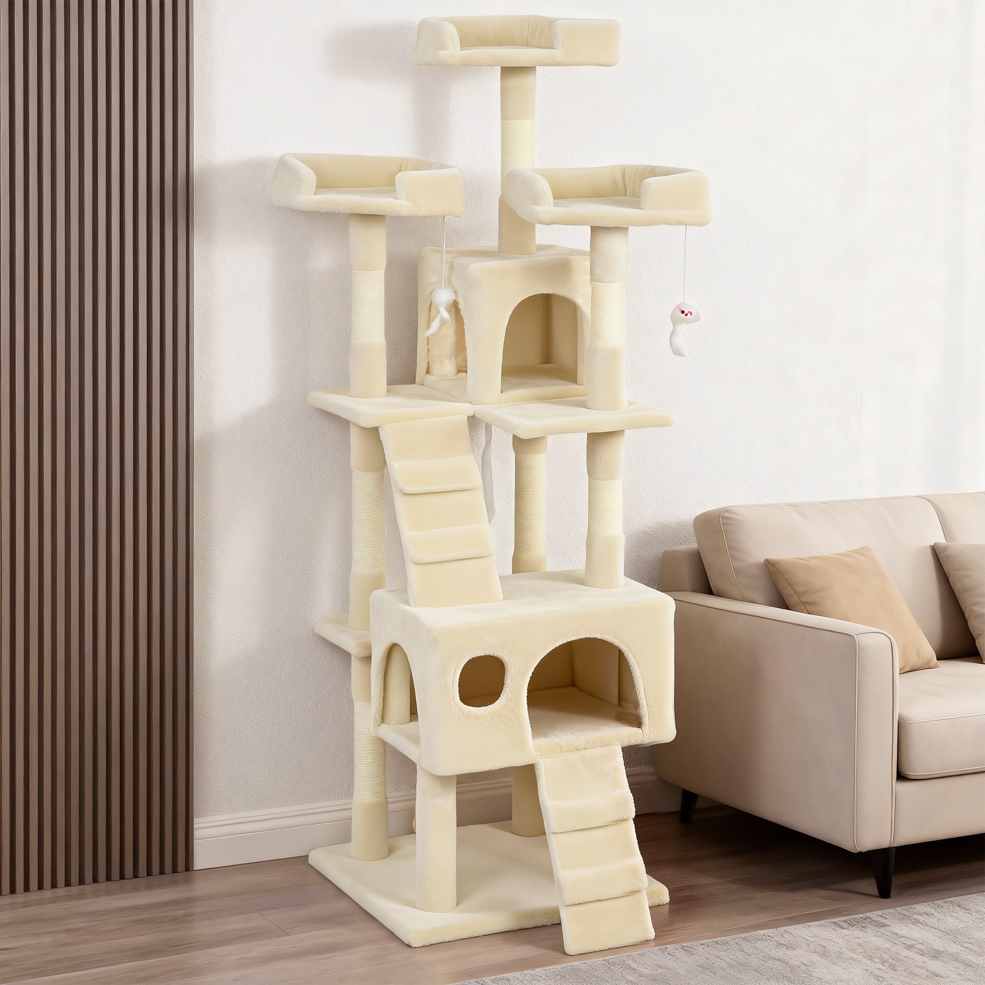 Pawhut Árbol Rascador Para Gatos 153 Cm Con 2 Cuevas 3 Camas 2 Rampas Crema_1