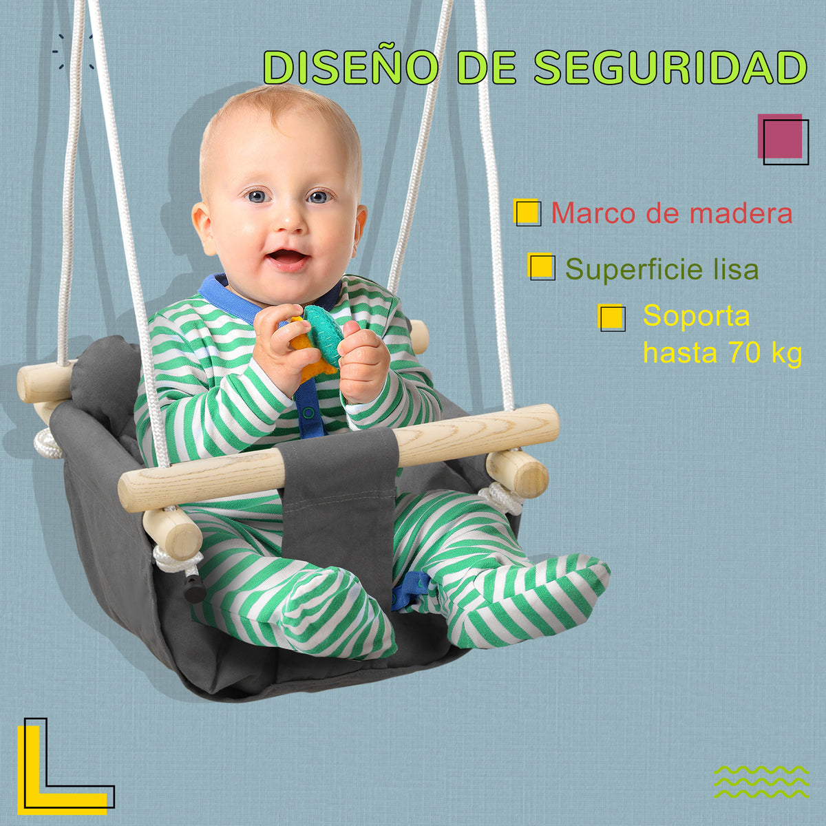 Columpio Para Bebés Con Cuerdas Ajustables Aiyaplay 40x40x180 Cm Gris_5