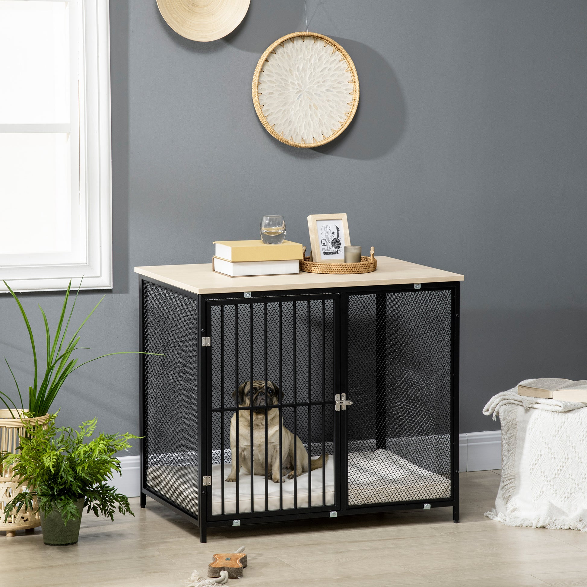 Pawhut Jaula Para Perros De Madera Mesa Auxiliar Puerta De Cerradura 80x55x71 Cm_1