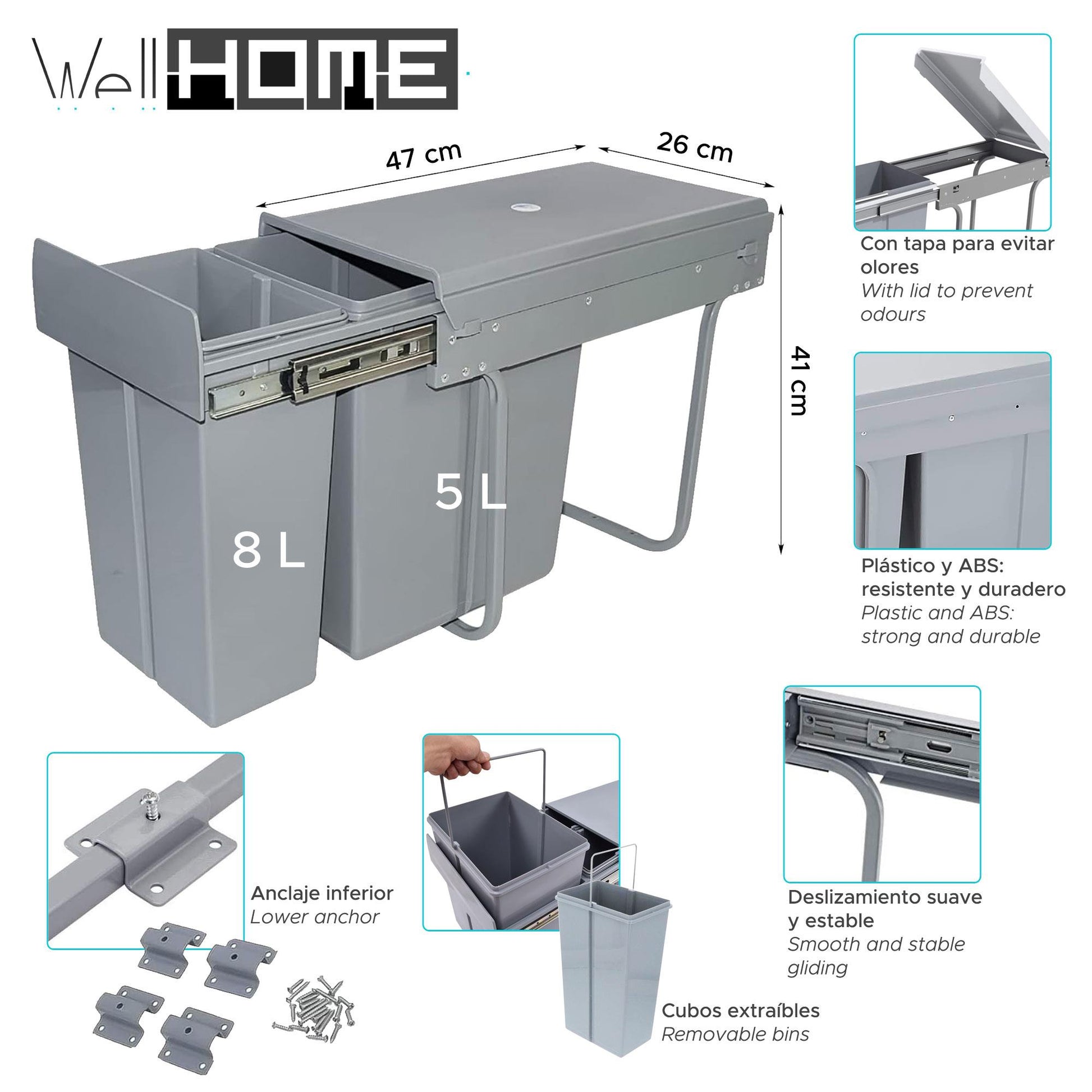 Cubo De Reciclaje 8l+5l Bajo Fregadero, Extracción Manual Y Tapa