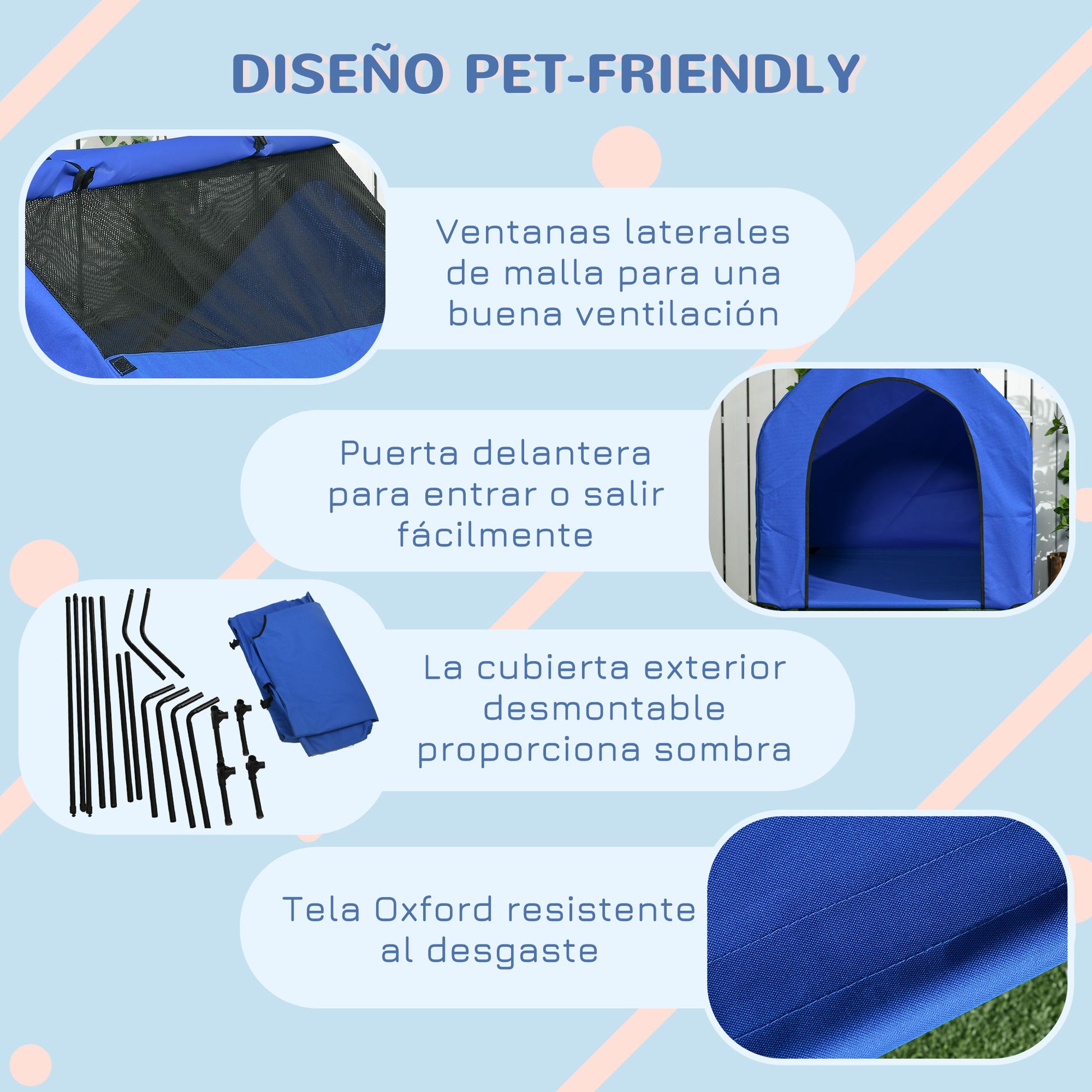 Pawhut Caseta Para Perros 130x85x121 Cm Con Cubierta Desmontable Y Ventanas Azul_5