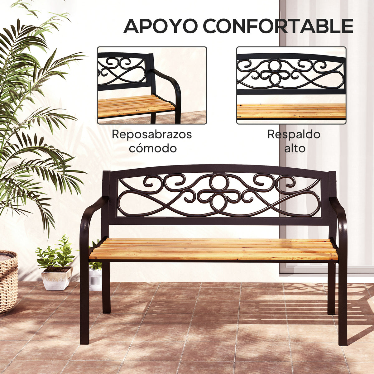 Banco De Jardín Outsunny Acero, Madera De Pino Negro 127x56x80 Cm_5