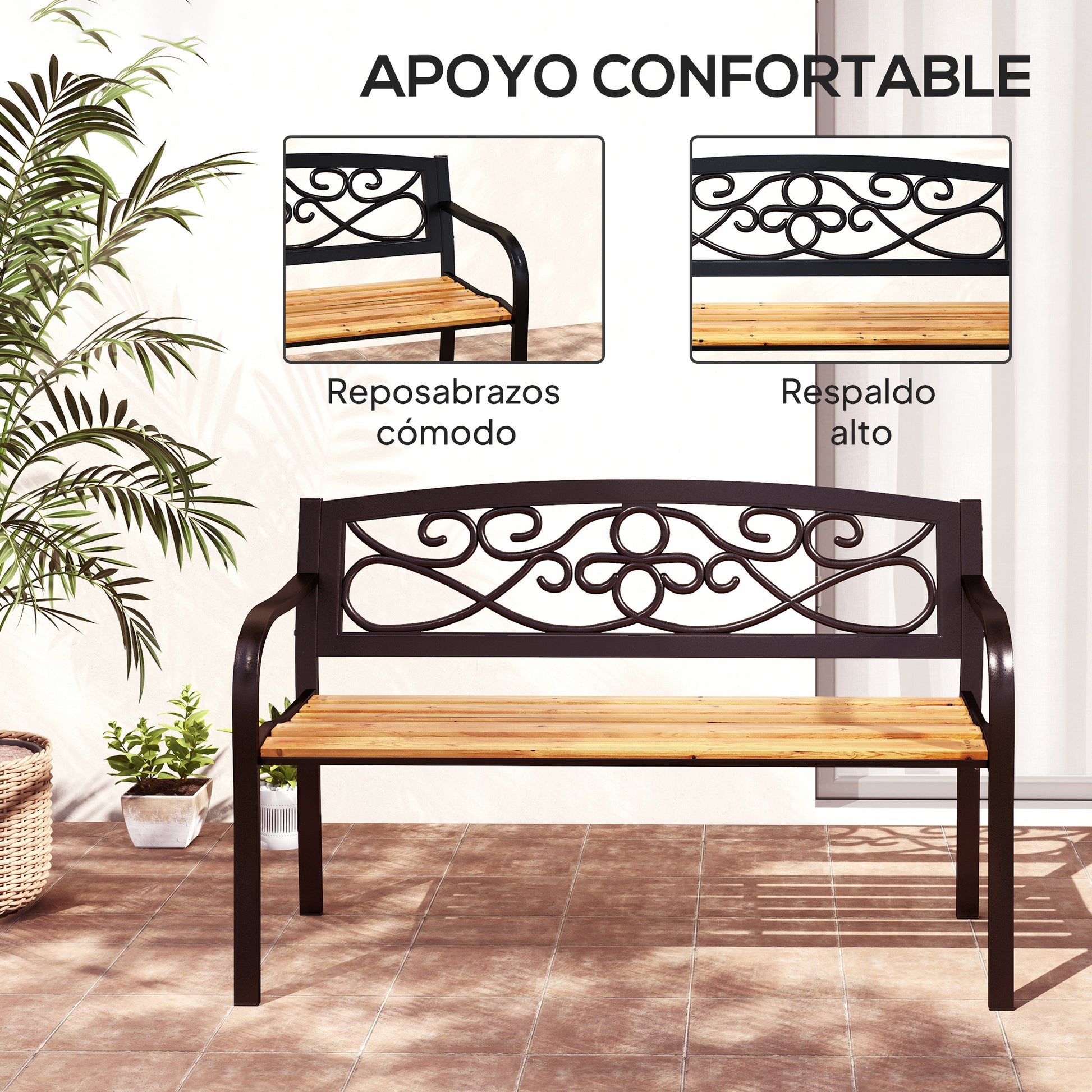 Outsunny Banco De Jardín Exterior De 2 Plazas 127x56x80 Cm Negro Y Natural_5