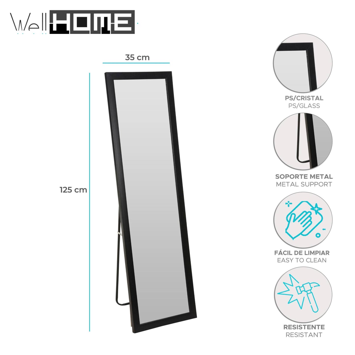 Well Home Espejo De Pie Formato Rectangular Con Soporte Metálico 35,2x125,2cm