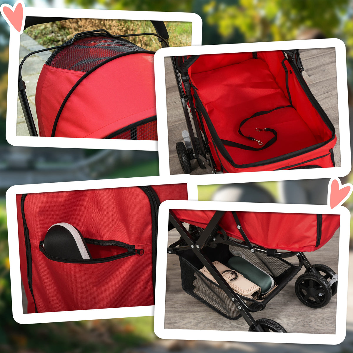 Pawhut Cochecito Para Mascotas Plegable Con Toldo Ajustable 76,5x52x95 Cm Rojo_3
