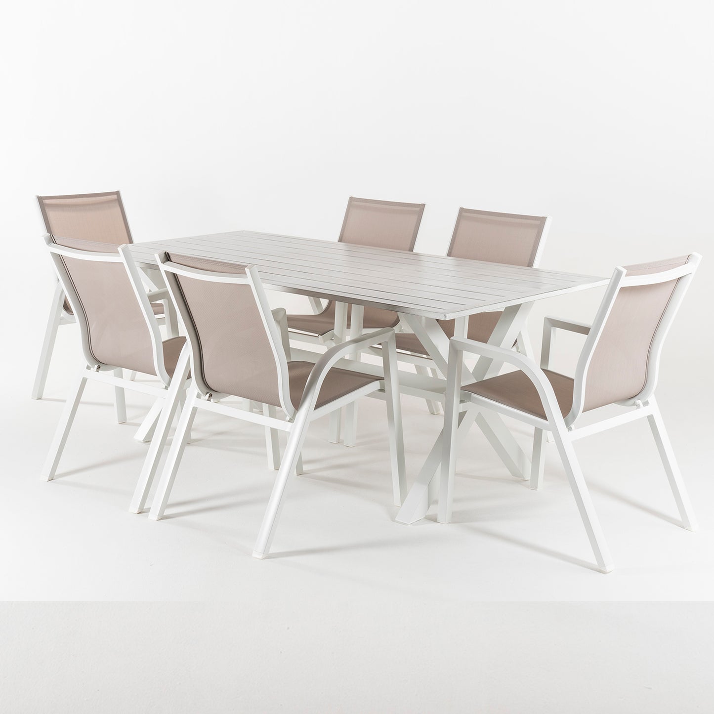 Conjunto Mesa De Jardin 190 Cm Con 6 Sillones Apilables, Aluminio Blanco, Textilene Taupé, 6 Plazas_2