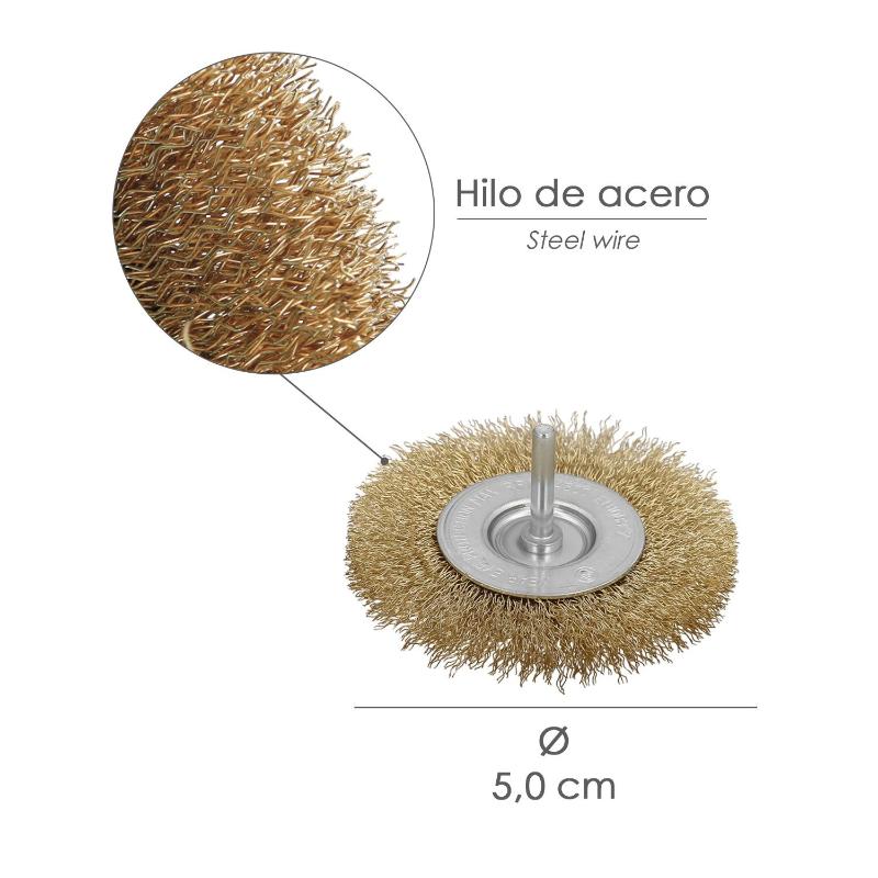 Cepillo Acero Latonado Para Taladro. Disco Ø 50 Mm. Espiga 1/4 Cepillo Taladro Alambre Latón, Cepillo Limpieza, Cepillo Pulir._1