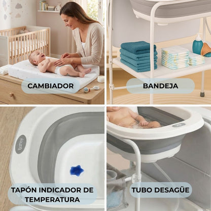Bañera Bebé 5 En 1 Plegable Con Soporte, Cambiador, Bandejas, Desagüe, Gris Standard Bathby_5