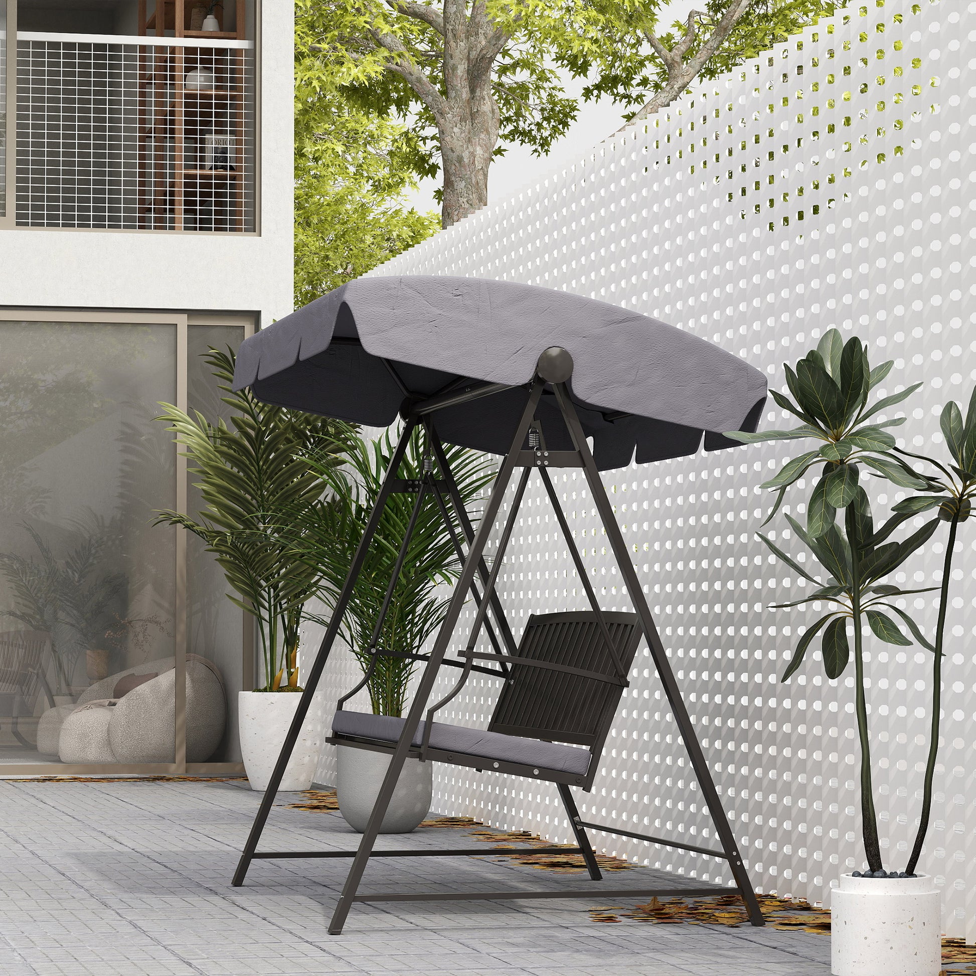 Outsunny Columpio De Jardín De 3 Plazas Con Toldo Ajustable Y Cojín Gris_4