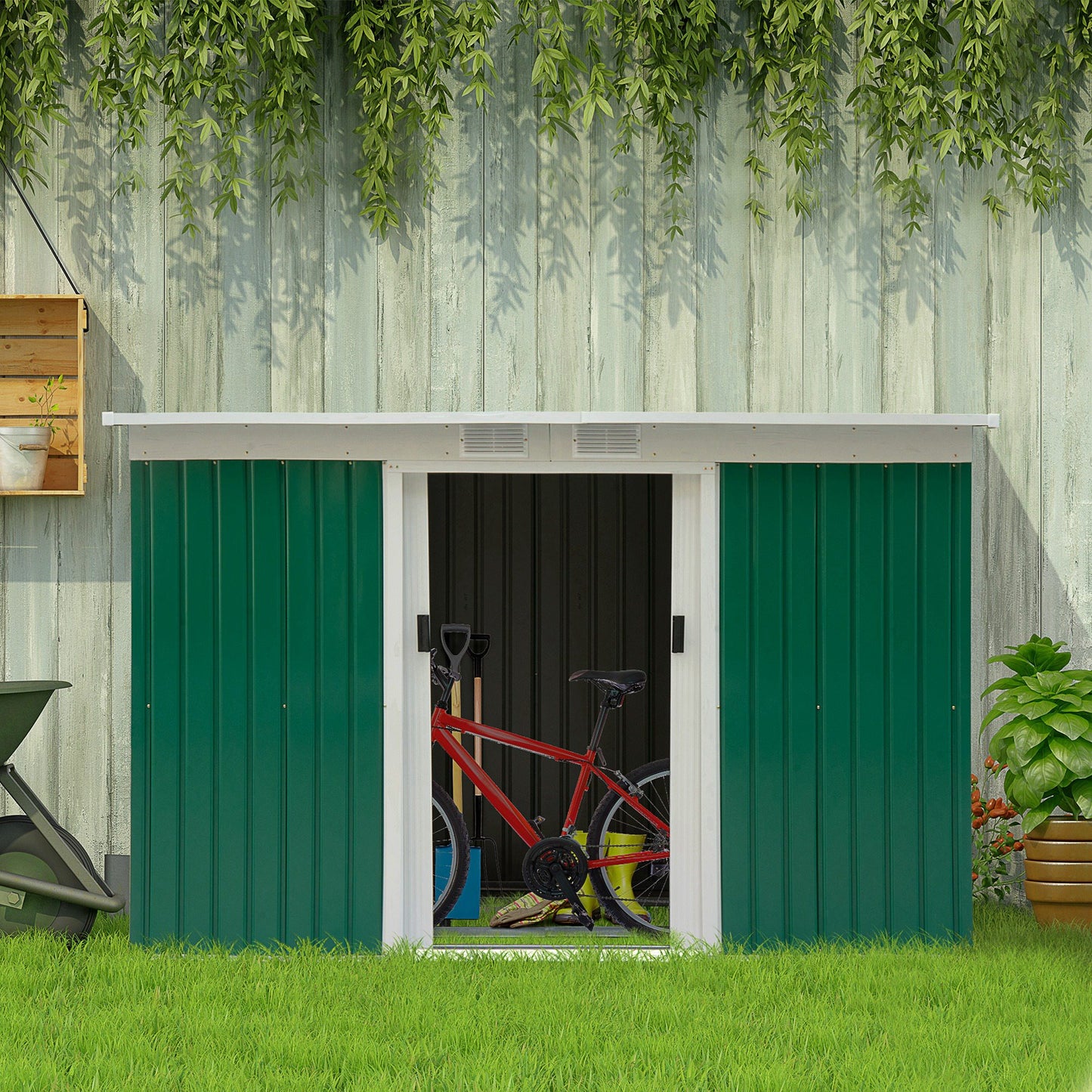 Outsunny Cobertizo De Jardín 280x130x172 Cm Base De 3,2 M² Con 2 Puertas Verde_1
