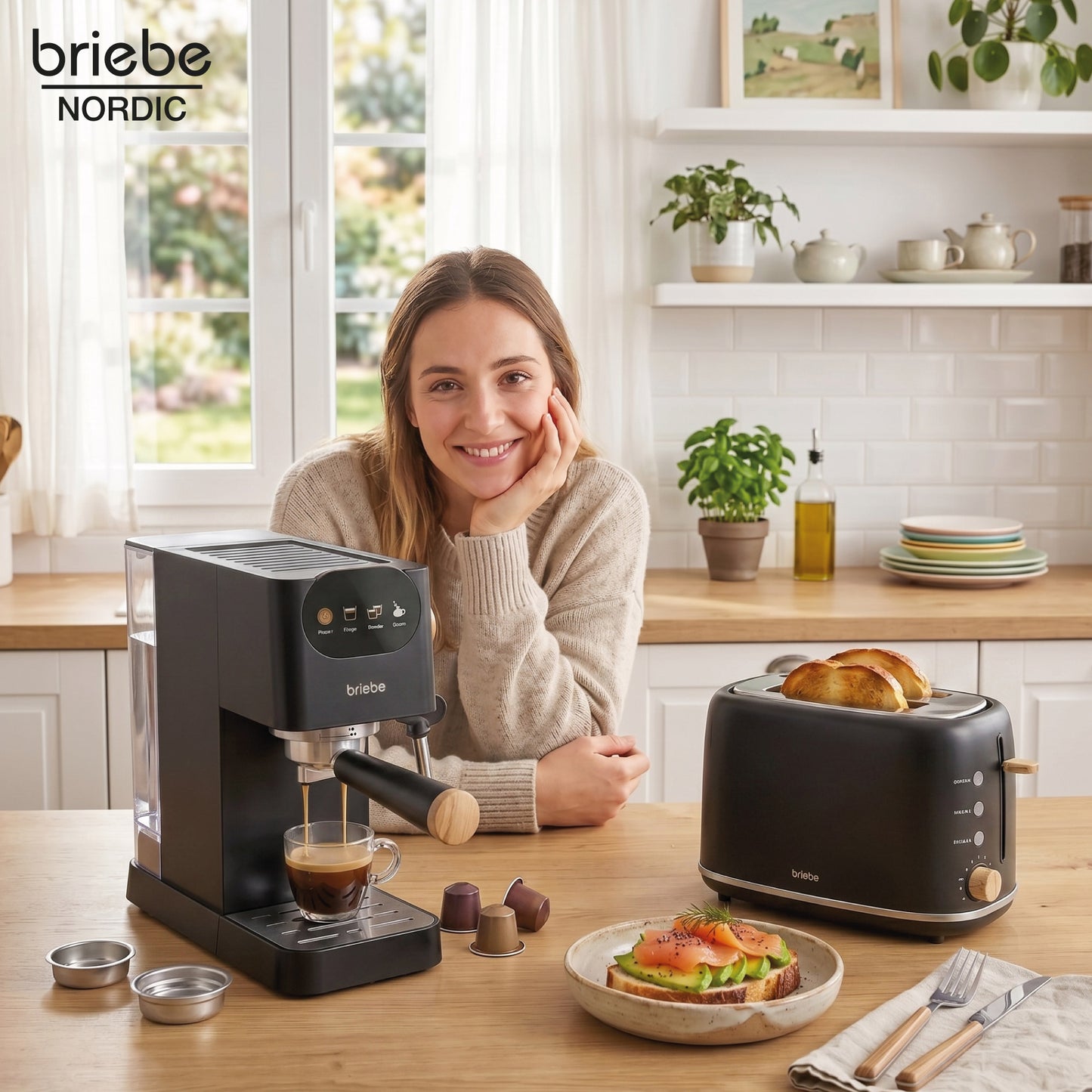 Briebe Nordic Set Cafetera 20 Bares Cápsulas, Café Molido Espumador Leche Tostadora 2 Rebanadas Anchas,skt1221blk,negro_1