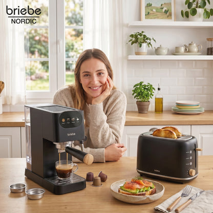 Briebe Nordic Set Cafetera 20 Bares Cápsulas, Café Molido Espumador Leche Tostadora 2 Rebanadas Anchas,skt1221blk,negro_1