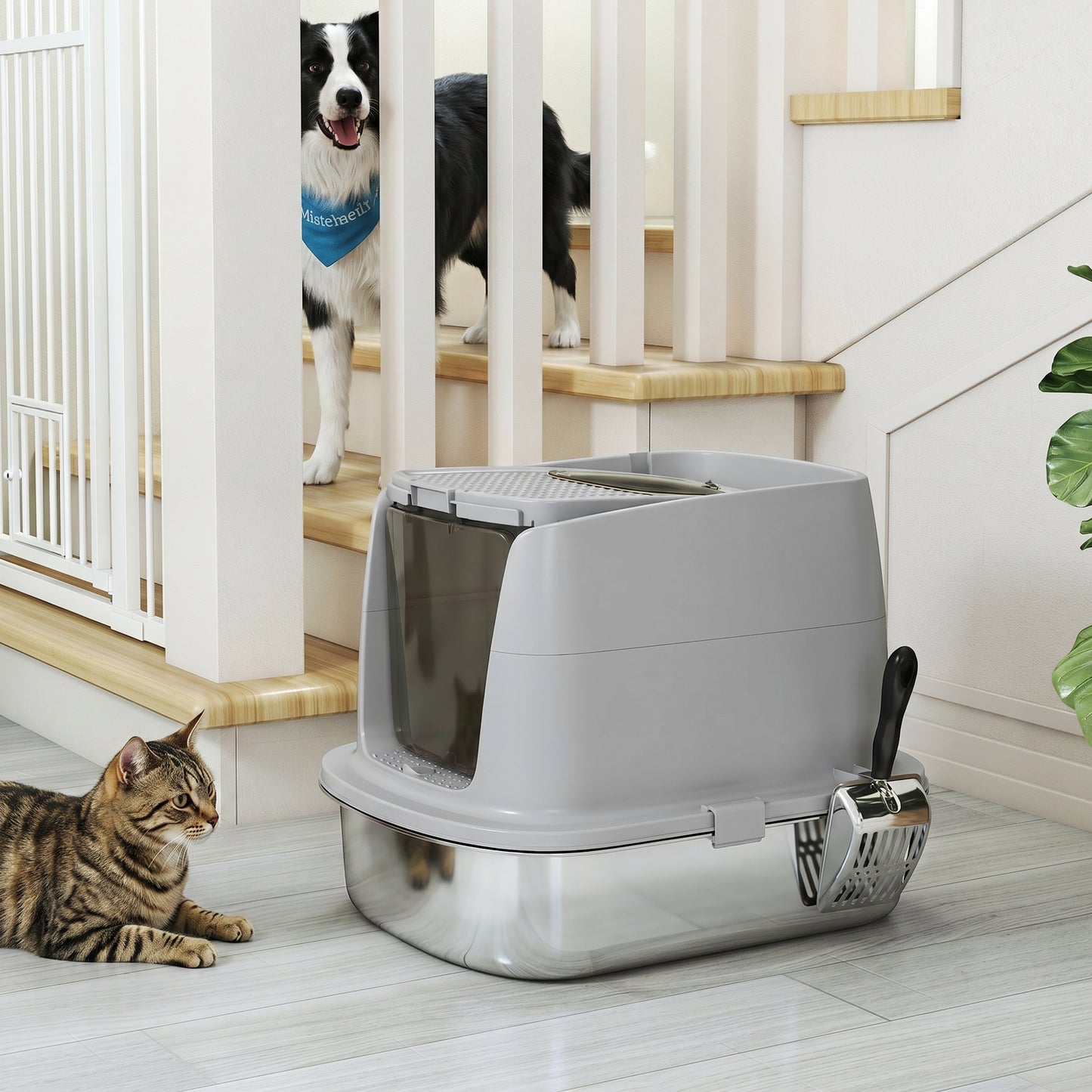 Pawhut Arenero Para Gatos De Acero Inoxidable L Con Tapa Abatible Gris Claro_4