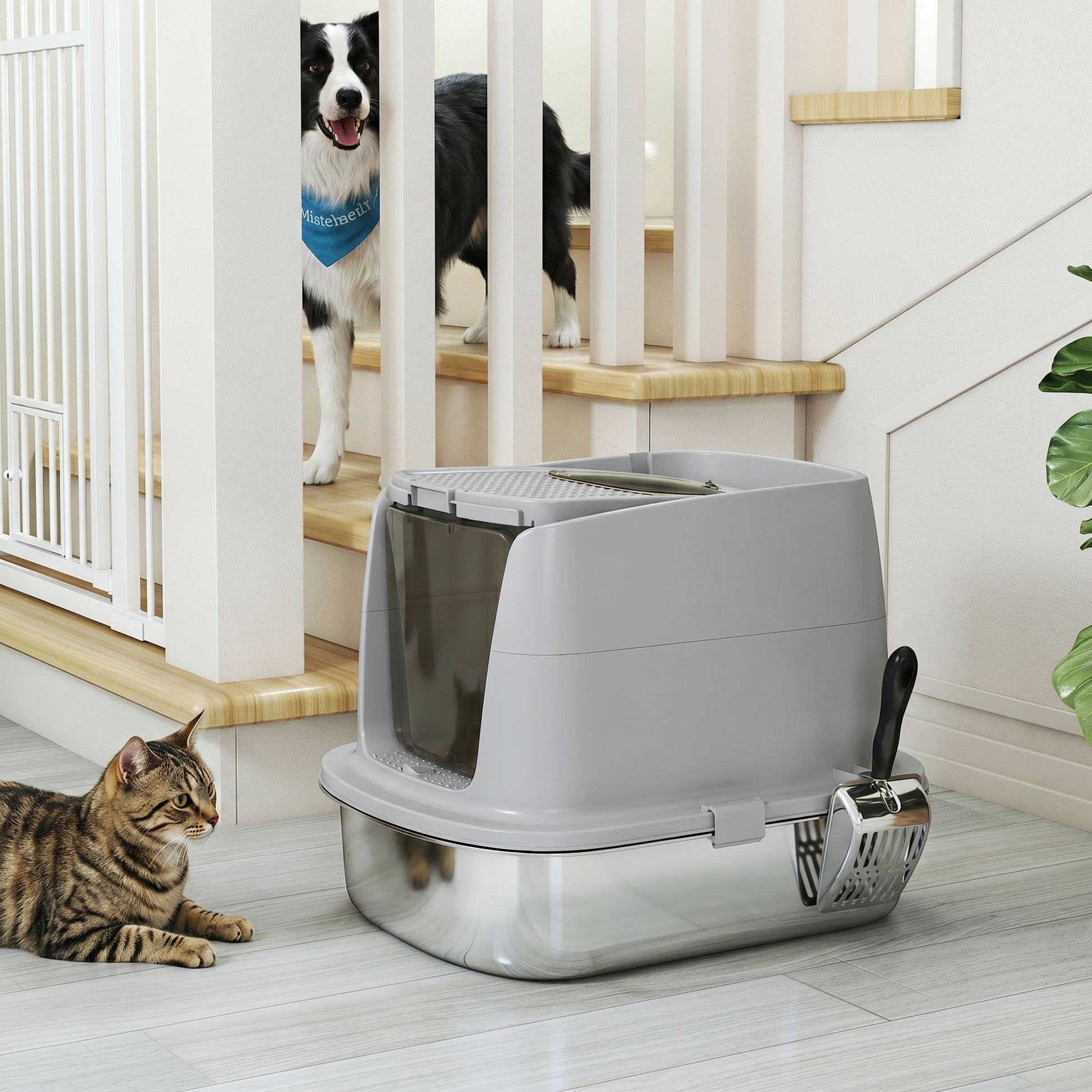 Pawhut Arenero Para Gatos De Acero Inoxidable L Con Tapa Abatible Gris Claro_4