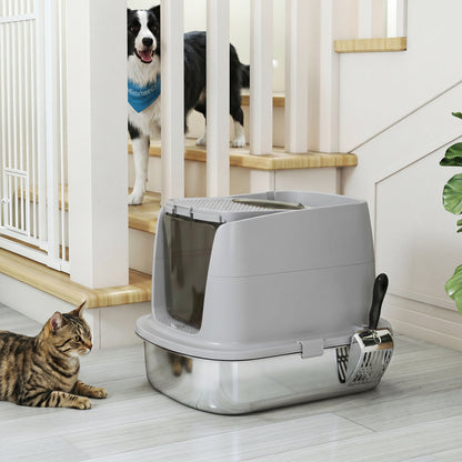 Pawhut Arenero Para Gatos De Acero Inoxidable L Con Tapa Abatible Gris Claro_4