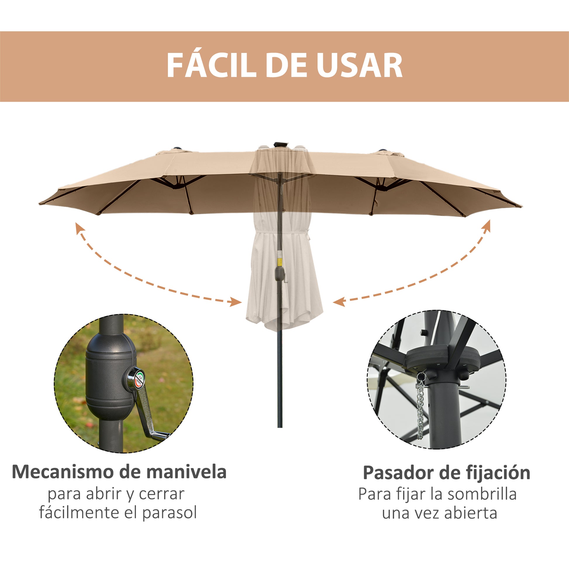 Outsunny Sombrilla Doble De Jardín Con 48 Luces Led Solar 450x265x240 Cm Caqui_5