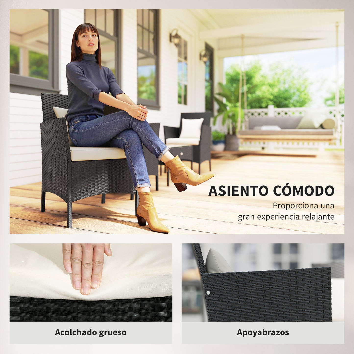 Outsunny Conjunto De Jardín De Ratán Sintético De 4 Piezas Negro Y Crema_3
