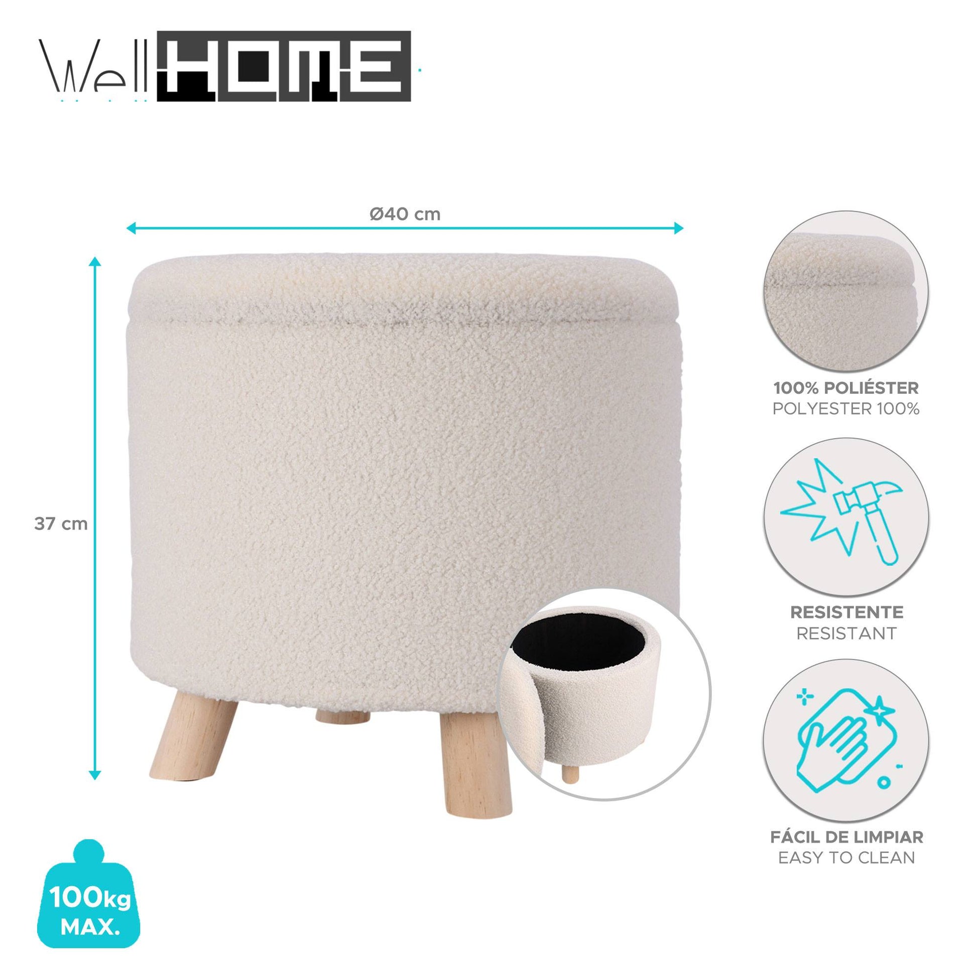 Well Home Taburete De Almacenamiento 100% Poliéster Ø40x37cm En Color Blanco Y Patas De Madera_1