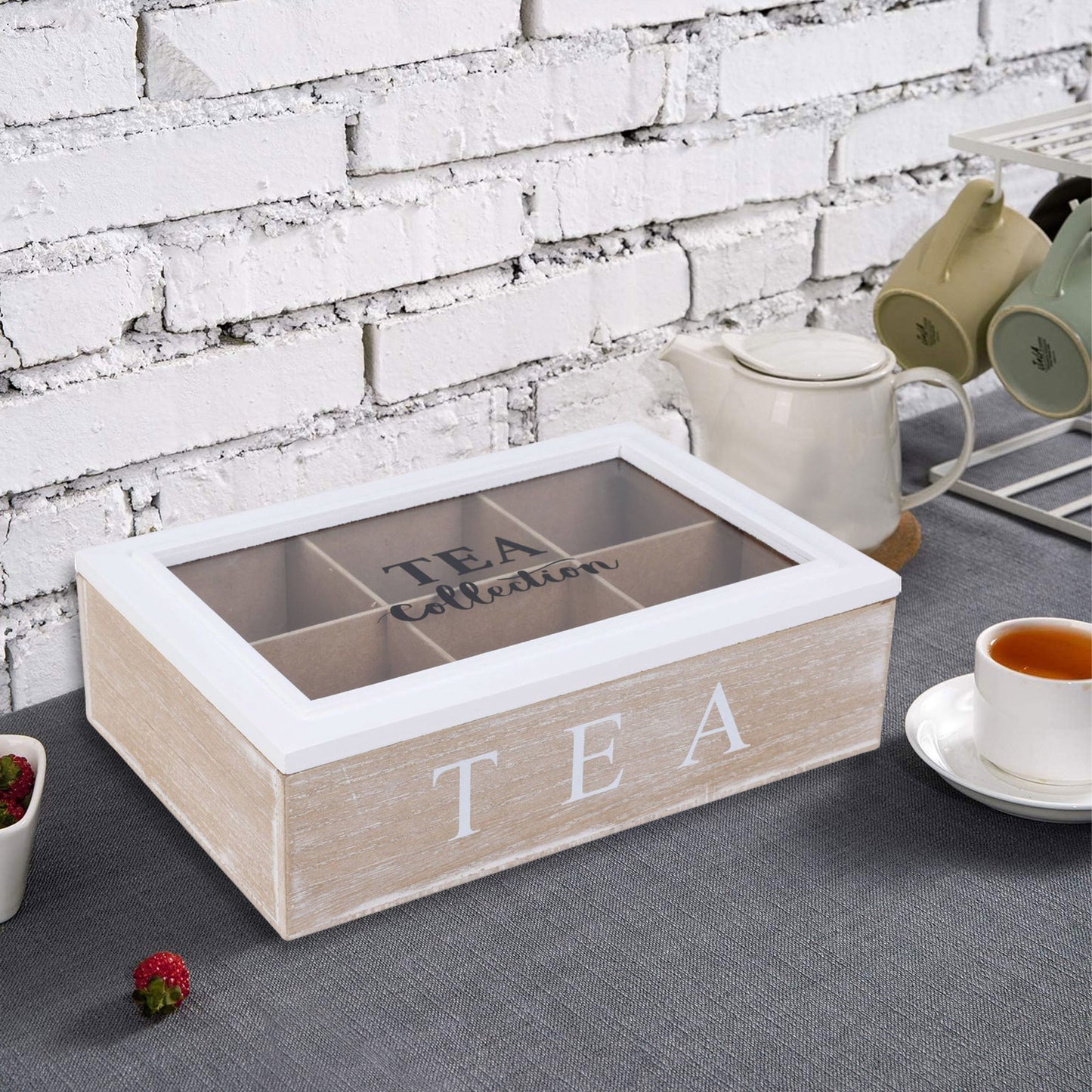 Well Home Caja De Té De 6 Compartimentos Con Tapa De Vidrio En Mdf Blanco