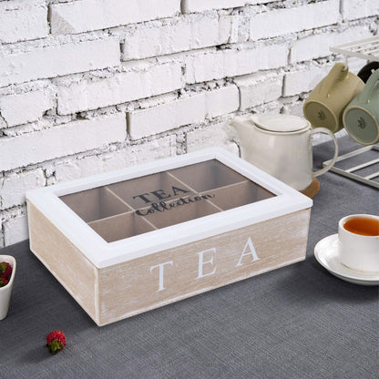 Well Home Caja De Té De 6 Compartimentos Con Tapa De Vidrio En Mdf Blanco