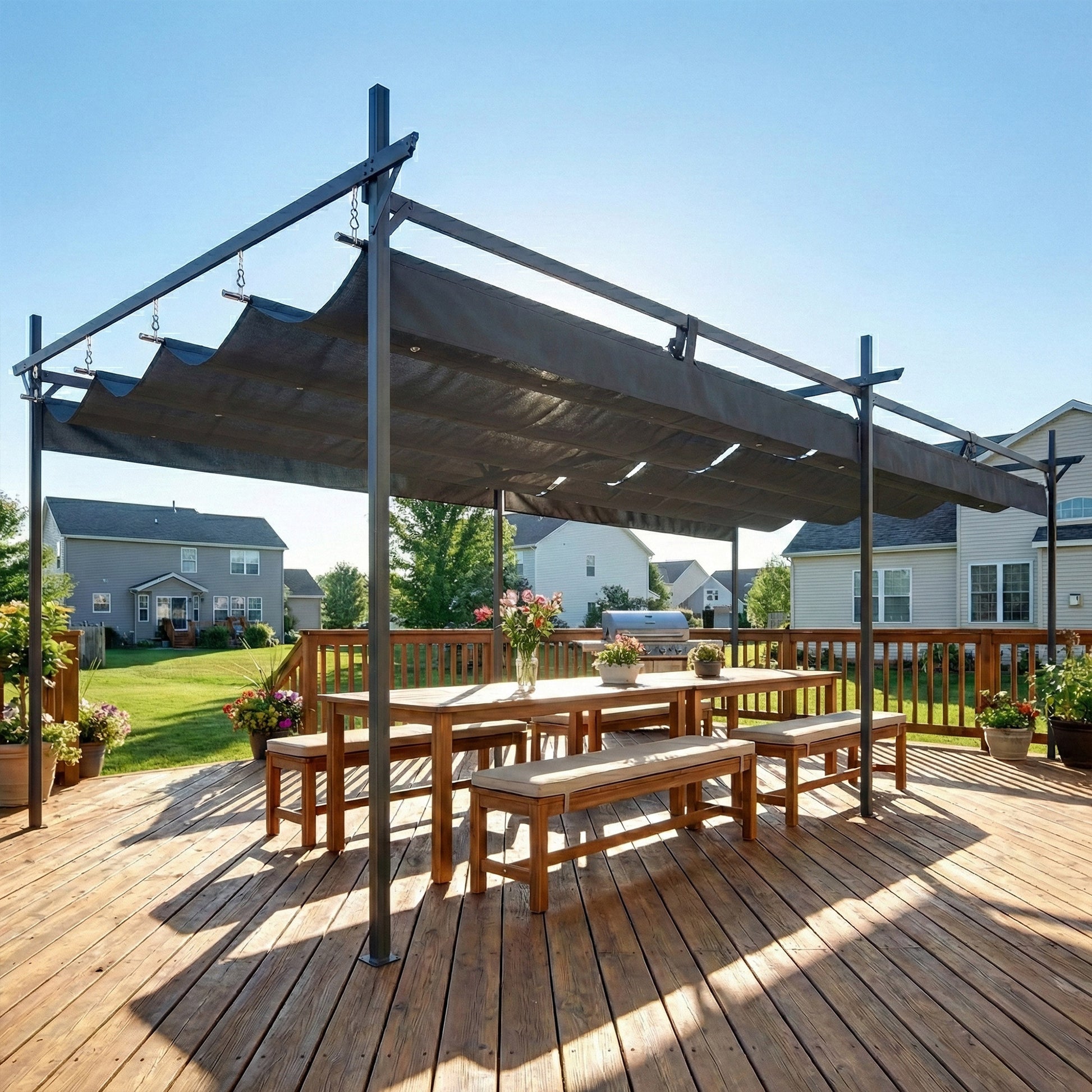 Outsunny Pérgola De Jardín 6x3 M Con Techo Retráctil Upf30+ Gris Oscuro_1