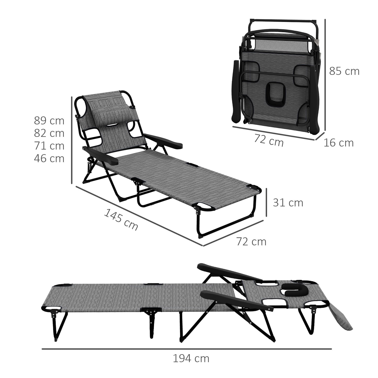 Outsunny 2 Tumbonas Plegables Con Respaldo Ajustable 194x72x31 Cm Gris_2