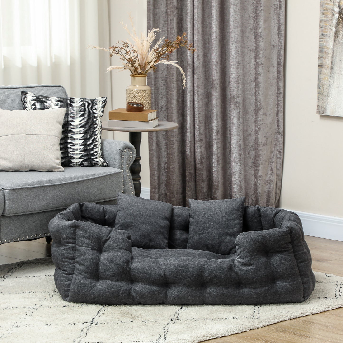 Pawhut Cama Para Perros Medianos Con 2 Almohadas Antideslizante 110x70x35cm Gris_4
