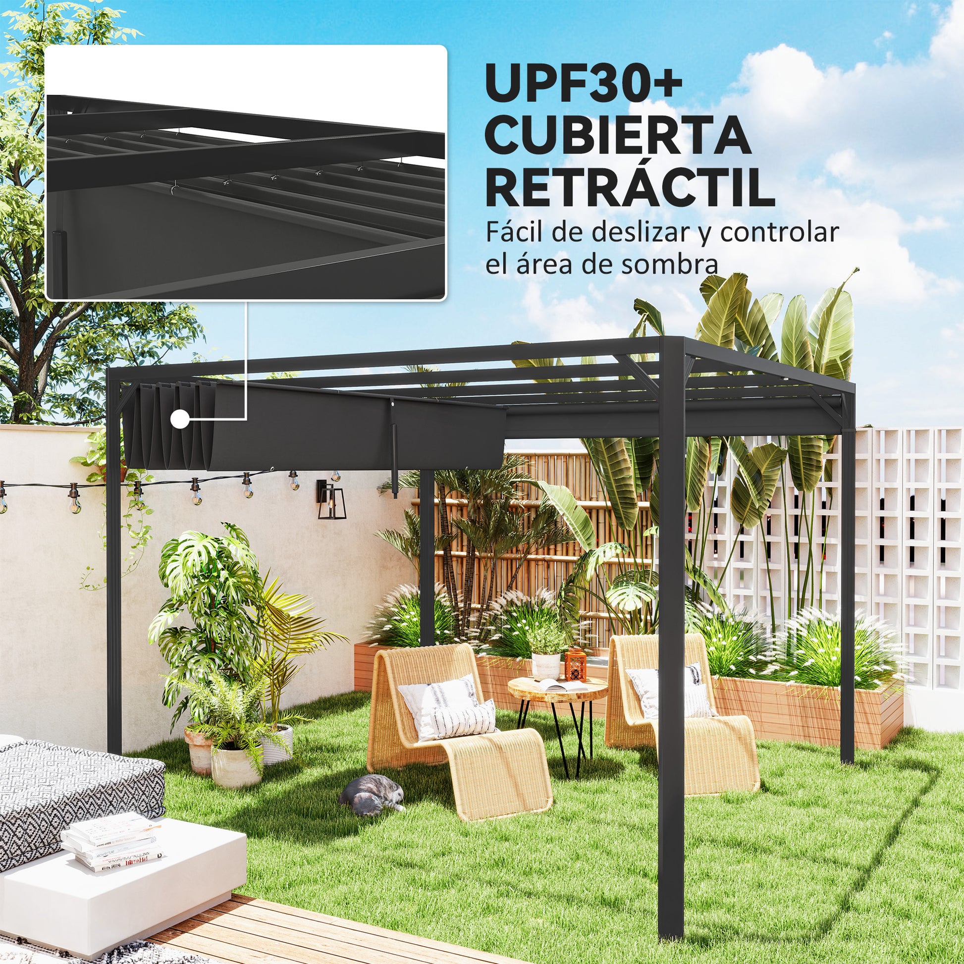 Outsunny Pérgola De Jardín 3x3 M Con Techo Retráctil Y Pared Lateral Enrollable_4