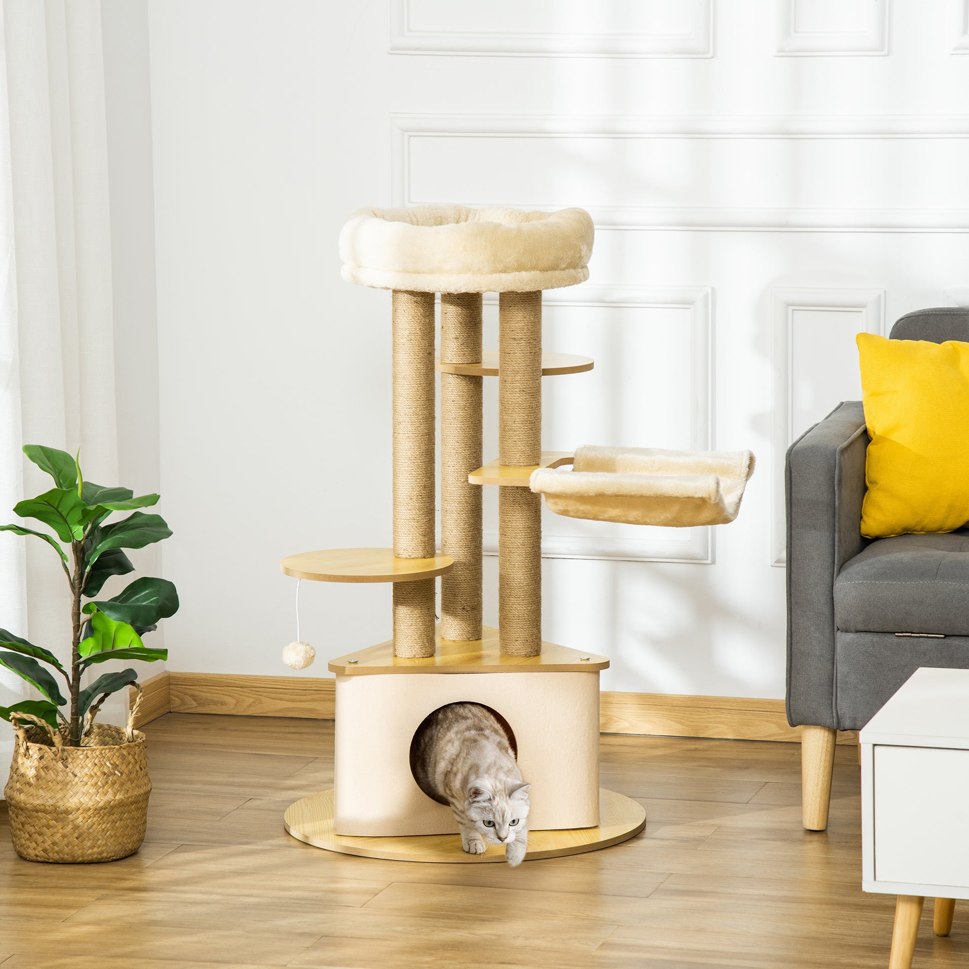 Pawhut Rascador Gatos Ø60x99 Cm Con Cueva Triangular De Fieltro Extraíble Hamaca_1