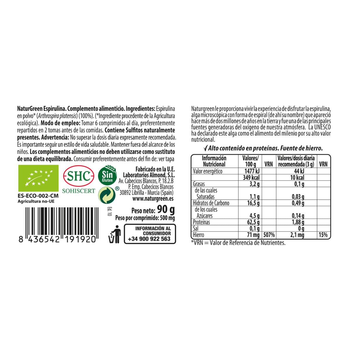 Espirulina Naturgreen 180 comprimidos de 500mg