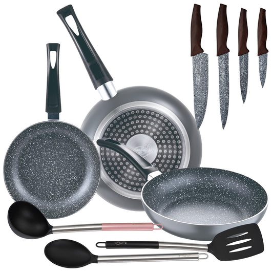 Set 3pc Sarten (16+20+24cm) Aluminio Prensado, Inducción, Negra Soul Marble Con Set 3pc Utensilios De Cocina Nylon Con Set 4pc Cuchillos Acero Inoxid_0