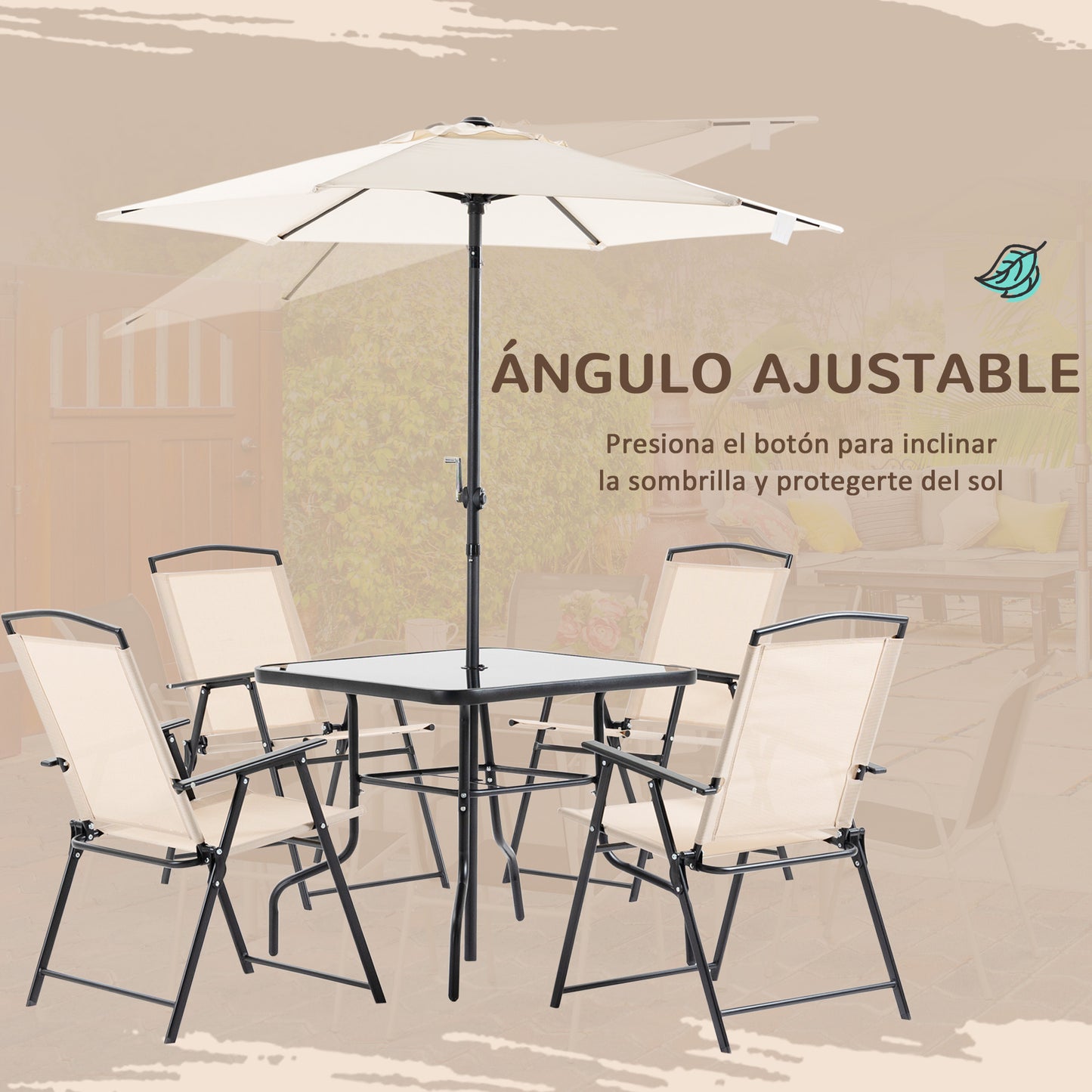 Outsunny Conjunto Muebles Jardín Con 4 Sillas Plegables Mesa Y Sombrilla Beige_5